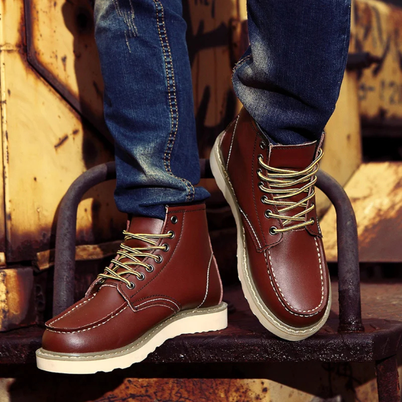 Men's lace-up ankle boots durable leather casual footwear - versatile everyday wear for the modern gentleman