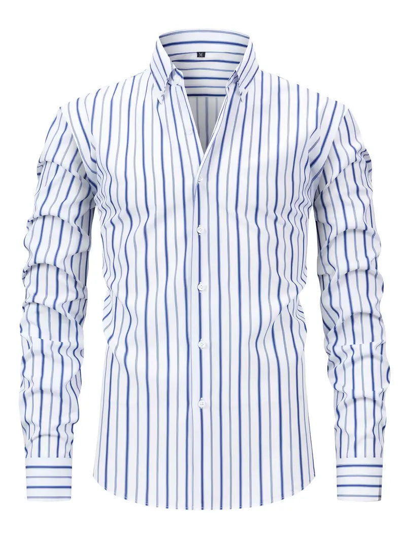 Men's long sleeve striped shirt - classic tailored fit for office and casual wear