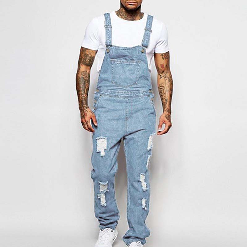Men's distressed denim overalls casual wear - versatile loose-fit jumpsuit for everyday use