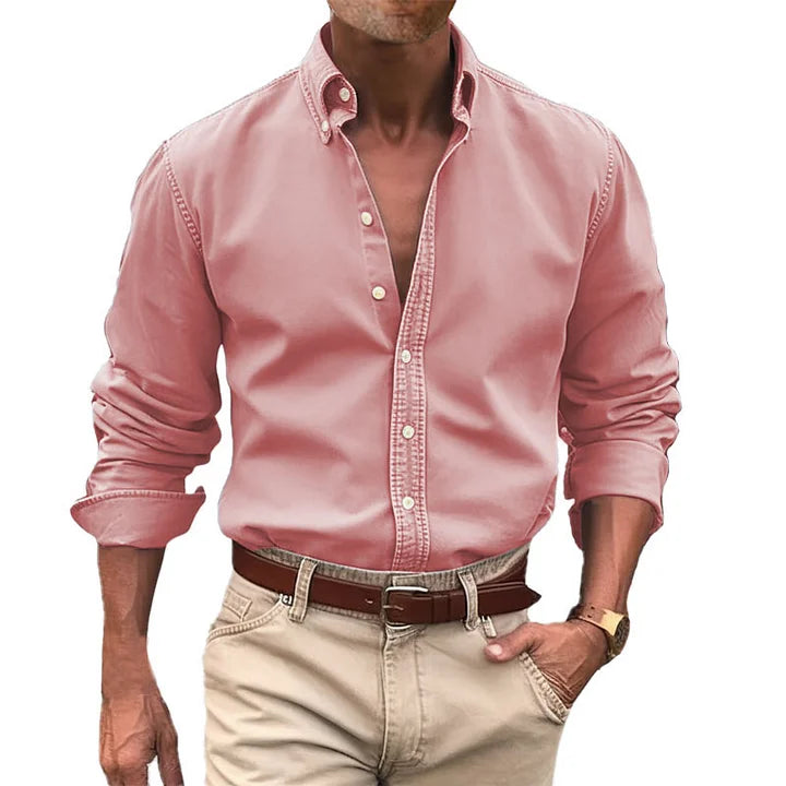 Men's button-up shirt durable long sleeve work attire - versatile office and casual wear