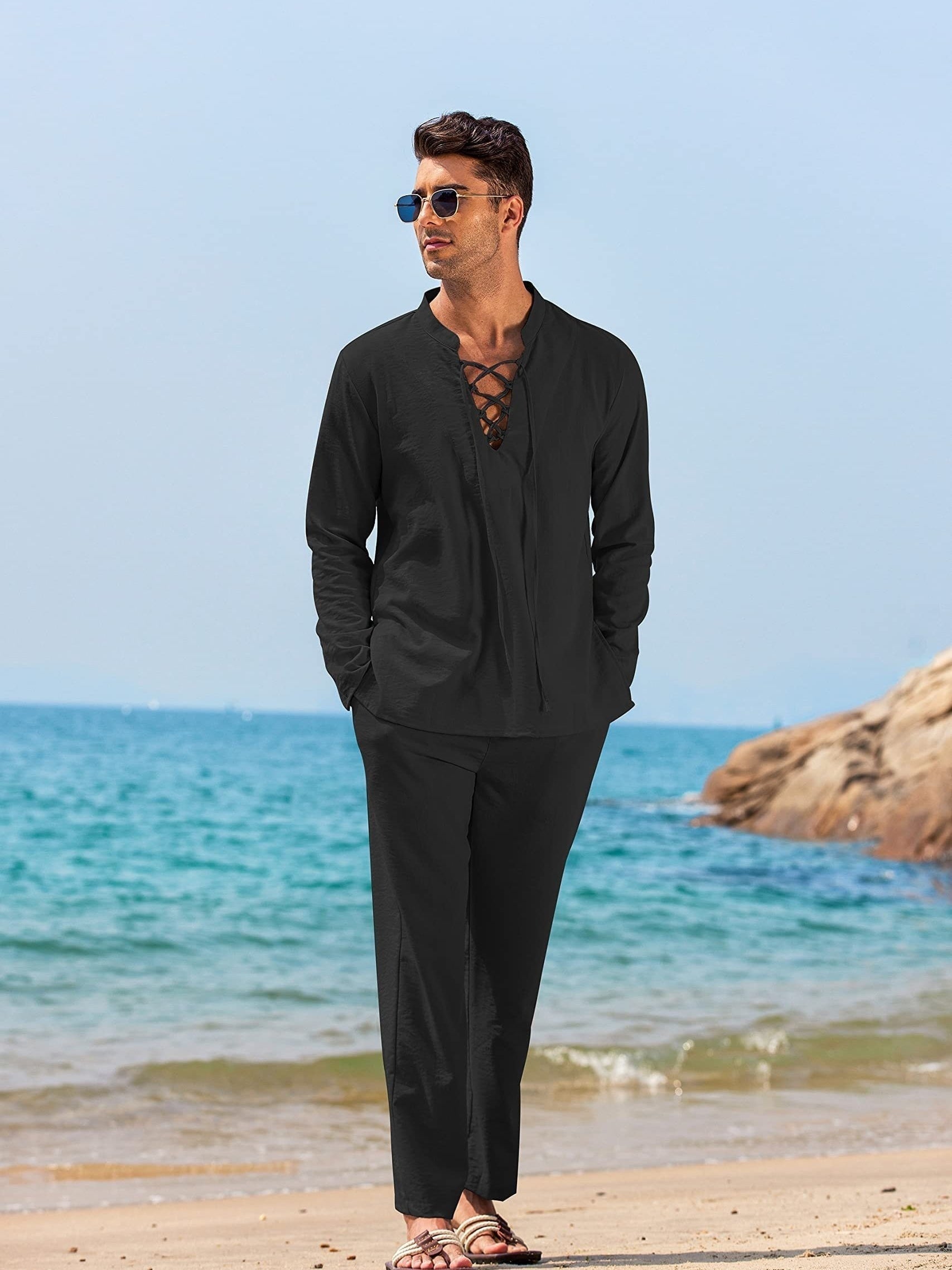 Men's long sleeve shirt and trouser set - contemporary relaxed fit ensemble for summer outings