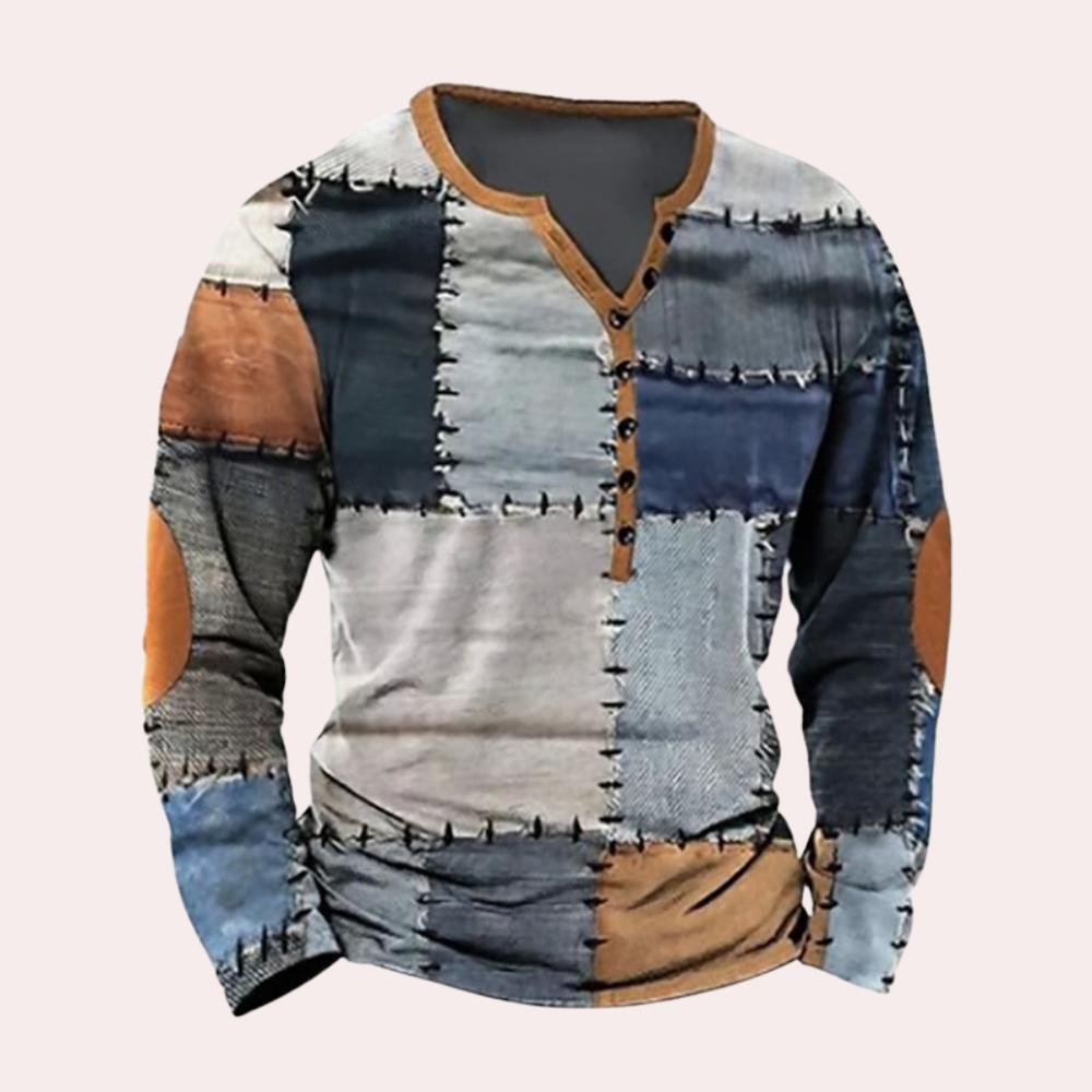 Men's long sleeve patchwork top casual attire - unique design for relaxed outings