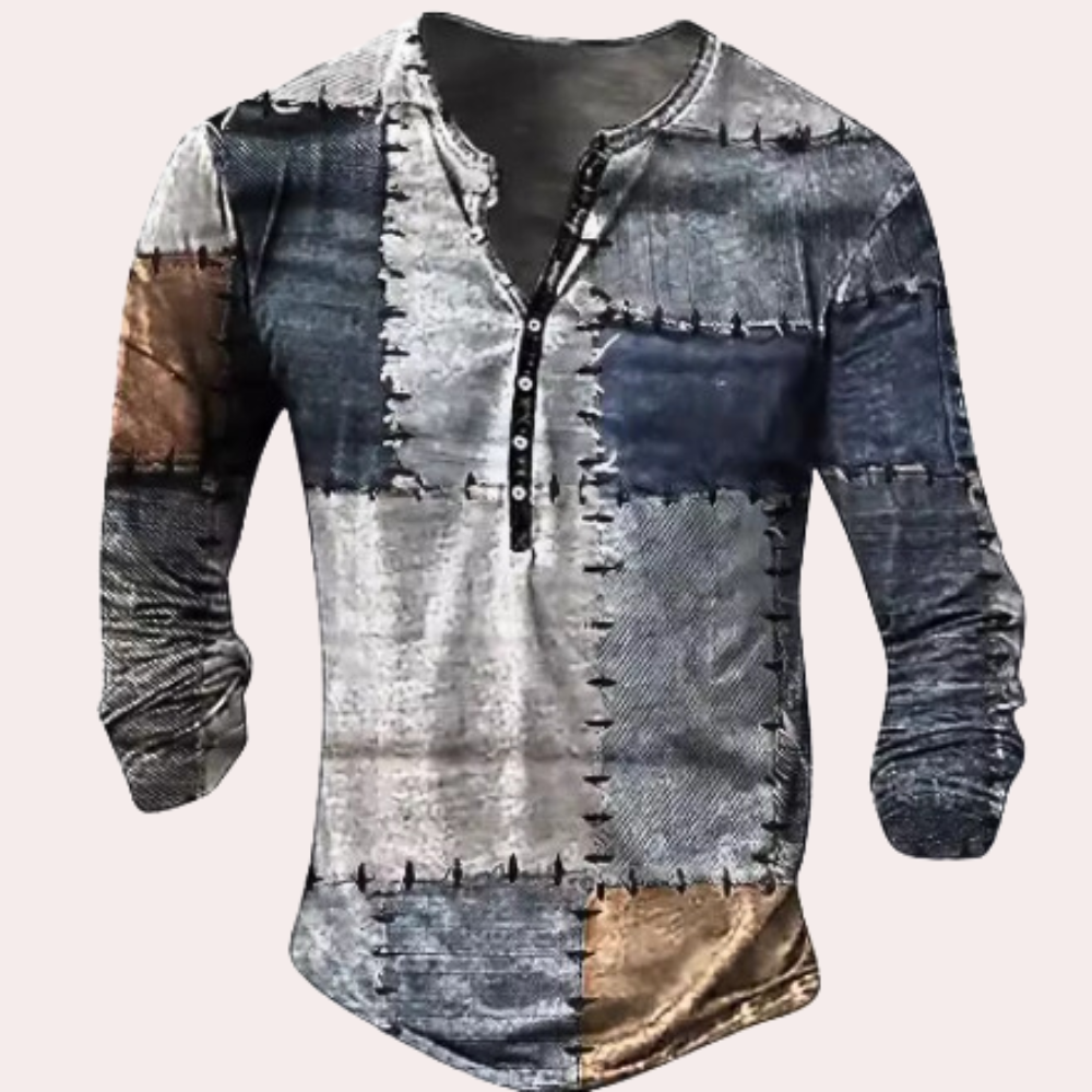 Men's long sleeve patchwork top casual attire - unique design for relaxed outings