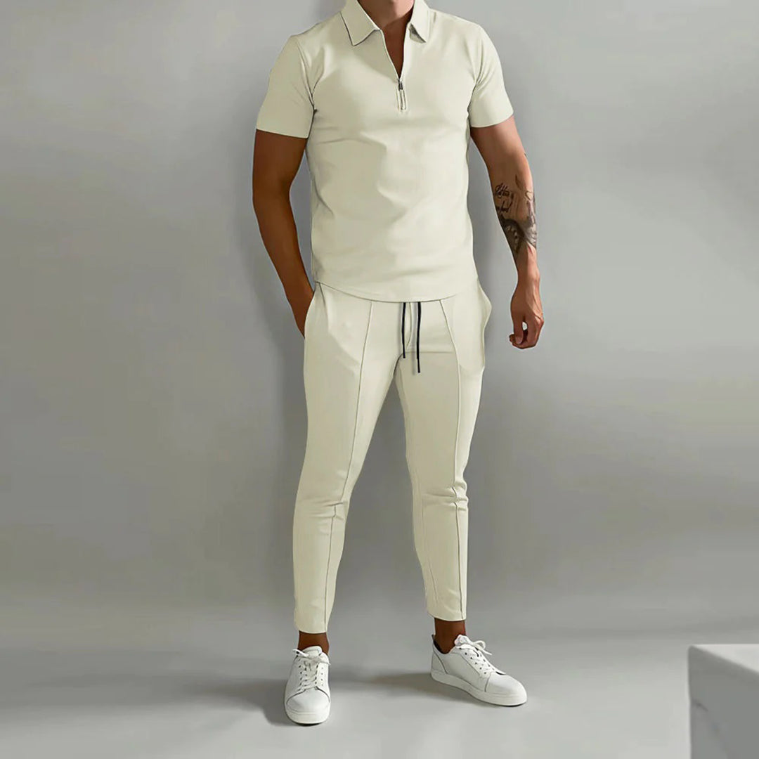 Men's zip-up polo shirt and tapered trousers set - versatile casual ensemble