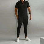 Men's zip-up polo shirt and tapered trousers set - versatile casual ensemble