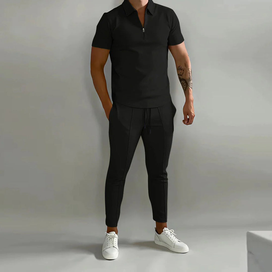 Men's zip-up polo shirt and tapered trousers set - versatile casual ensemble