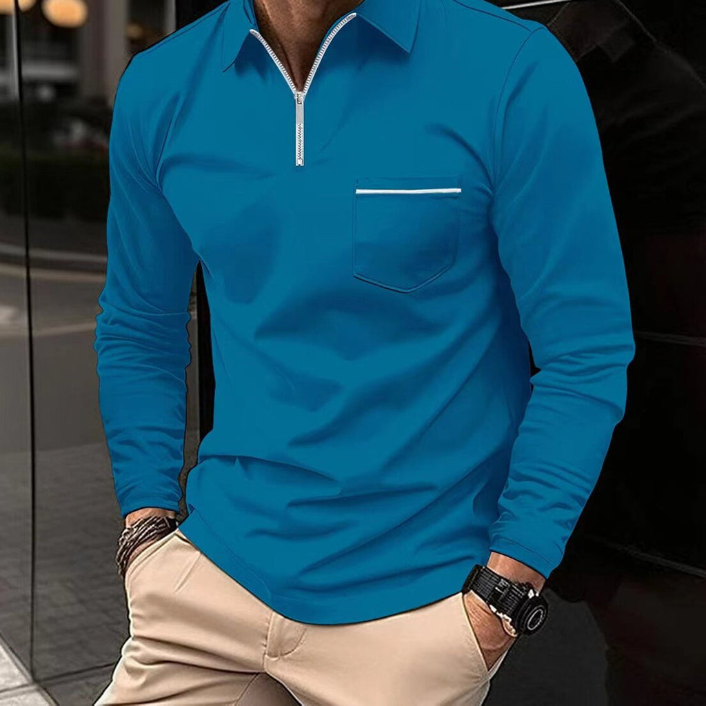 Men's long sleeve polo shirt zip neck casual attire - soft fabric for everyday wear