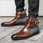 Men's leather ankle boots - stylish buckle detail for office attire, durable fabric