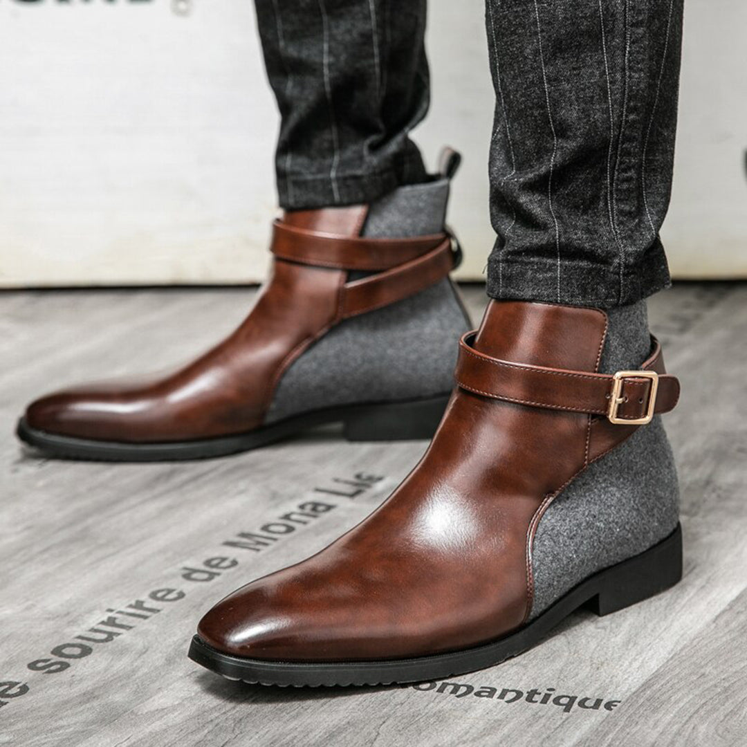 Men's leather ankle boots - stylish buckle detail for office attire, durable fabric