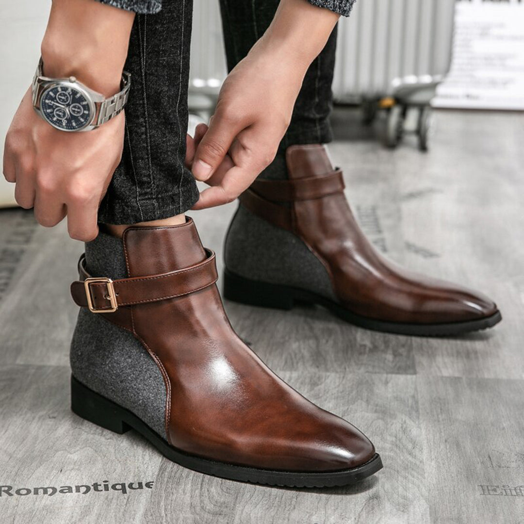 Men's leather ankle boots - stylish buckle detail for office attire, durable fabric