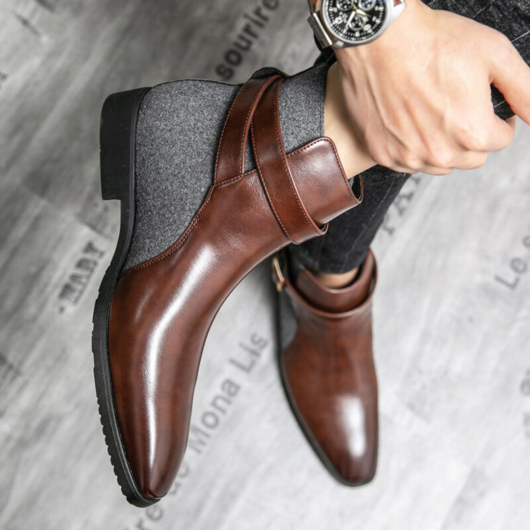 Men's leather ankle boots - stylish buckle detail for office attire, durable fabric