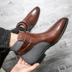 Men's leather ankle boots - stylish buckle detail for office attire, durable fabric