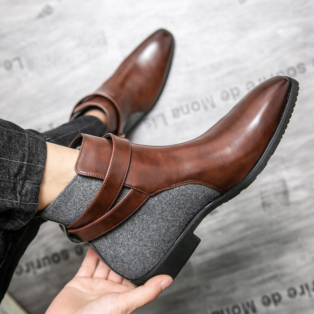 Men's leather ankle boots - stylish buckle detail for office attire, durable fabric