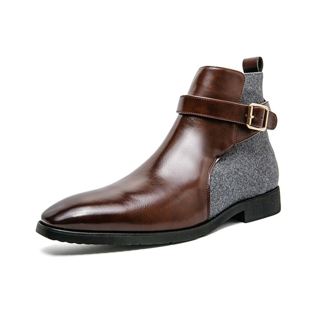 Men's leather ankle boots - stylish buckle detail for office attire, durable fabric