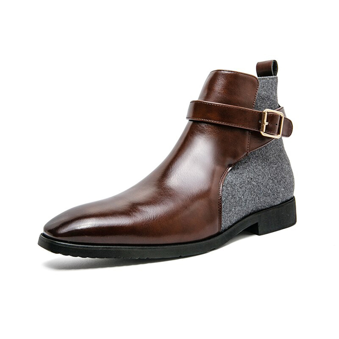 Men's leather ankle boots - stylish buckle detail for office attire, durable fabric