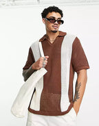 Men's vintage knitted polo shirt - brown casual attire with open-knit design