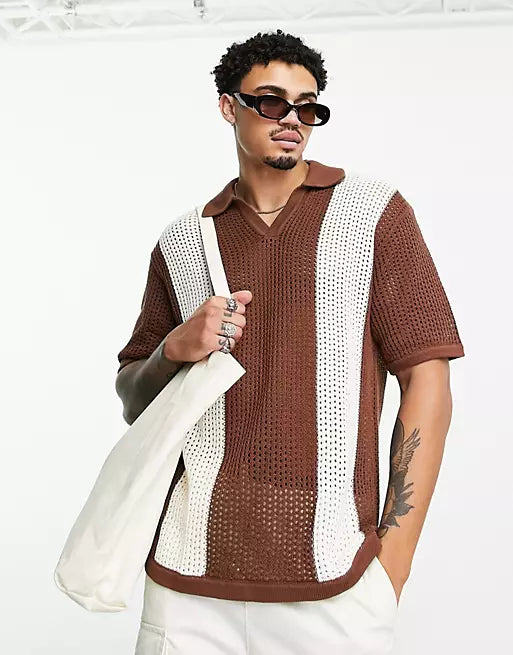 Men's vintage knitted polo shirt - brown casual attire with open-knit design