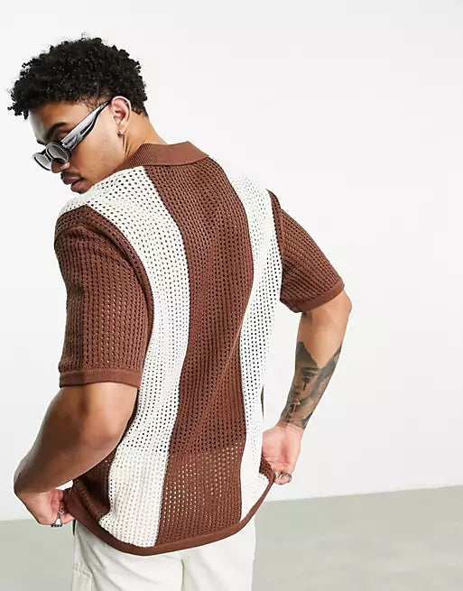 Men's vintage knitted polo shirt - brown casual attire with open-knit design