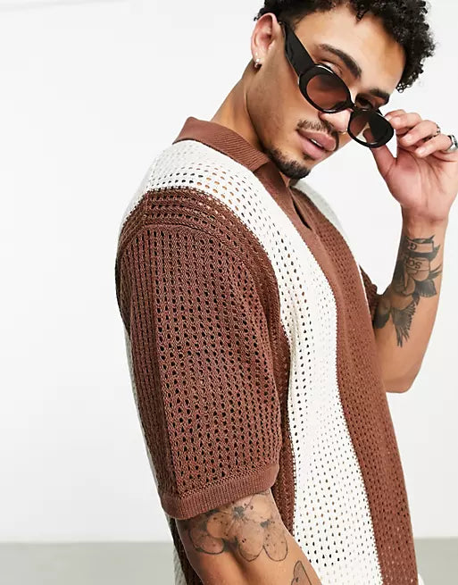 Men's vintage knitted polo shirt - brown casual attire with open-knit design