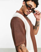 Men's vintage knitted polo shirt - brown casual attire with open-knit design