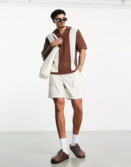 Men's vintage knitted polo shirt - brown casual attire with open-knit design