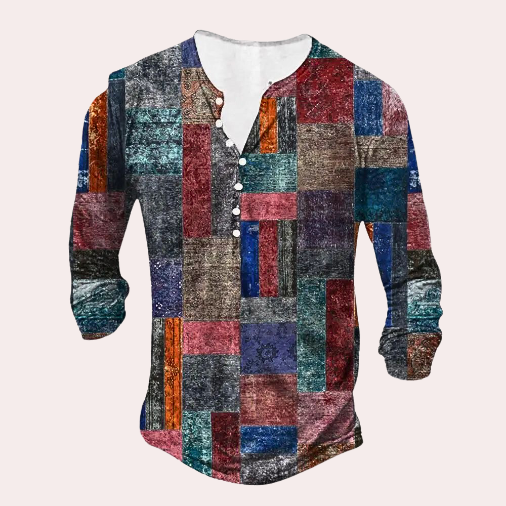 Men's long sleeve patchwork top casual attire - unique design for relaxed outings