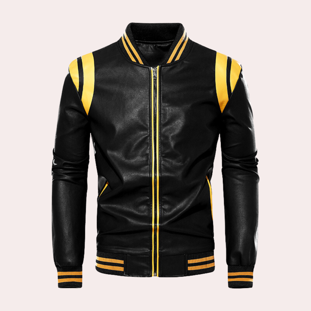 Men’s Casual Bomber Jacket - Sleek Leather Black & Yellow