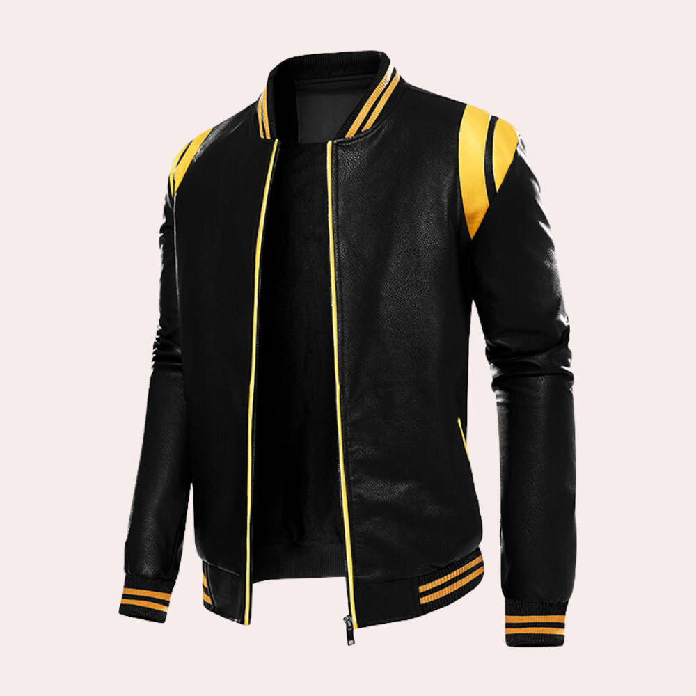 Men’s Casual Bomber Jacket - Sleek Leather Black & Yellow