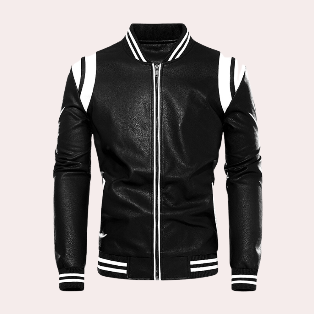 Men’s Casual Bomber Jacket - Sleek Leather Black & Yellow