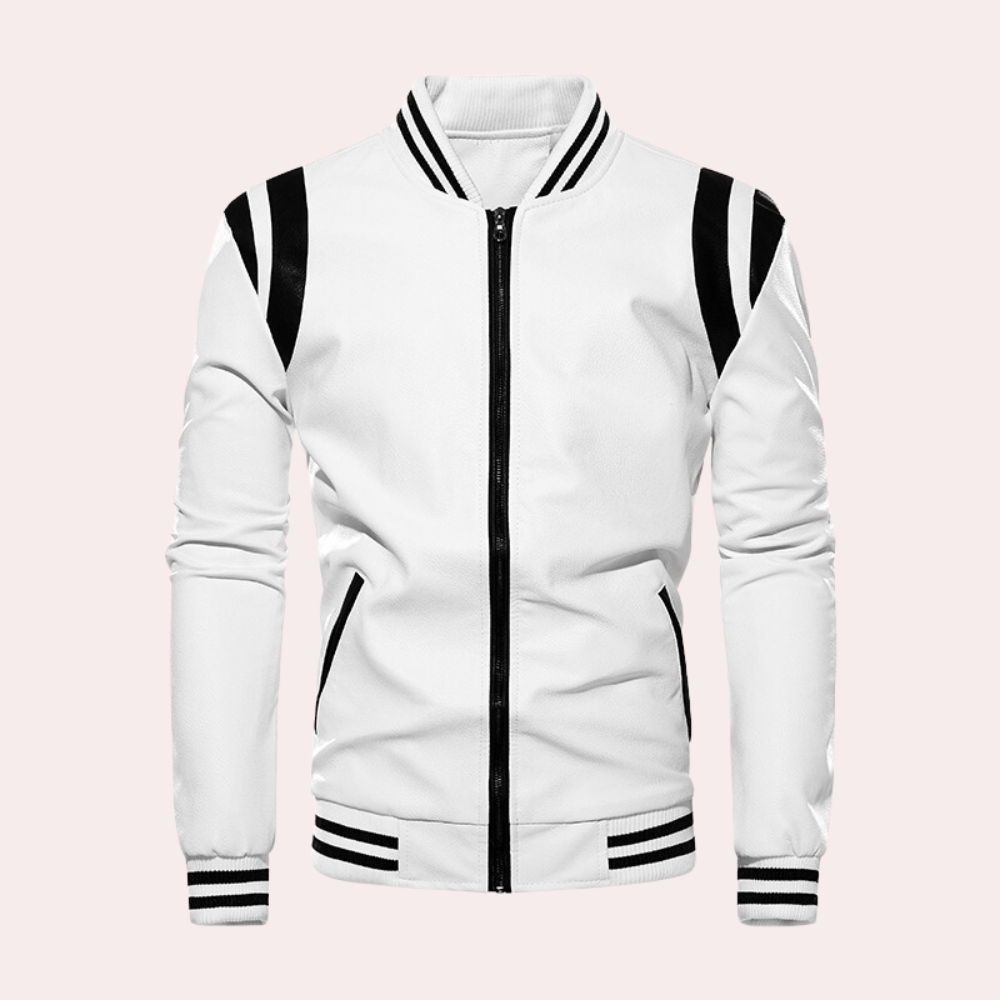 Men’s Casual Bomber Jacket - Sleek Leather Black & Yellow