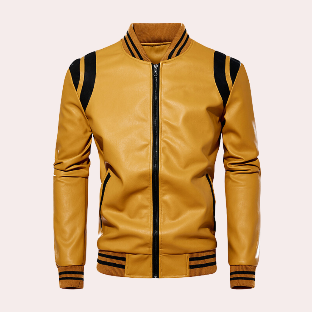 Men’s Casual Bomber Jacket - Sleek Leather Black & Yellow