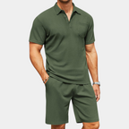 2-piece men's polo shirt and shorts set - lightweight summer attire, navy blue, casual