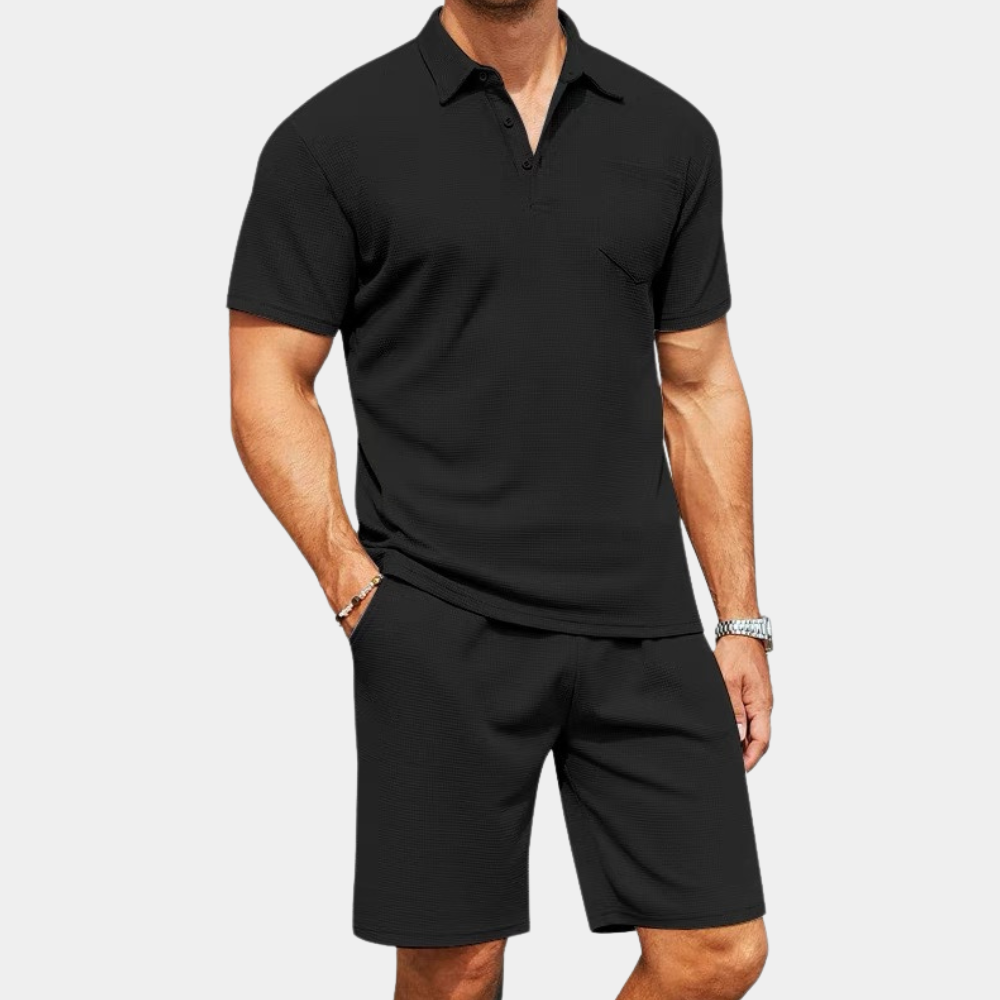 2-piece men's polo shirt and shorts set - lightweight summer attire, navy blue, casual