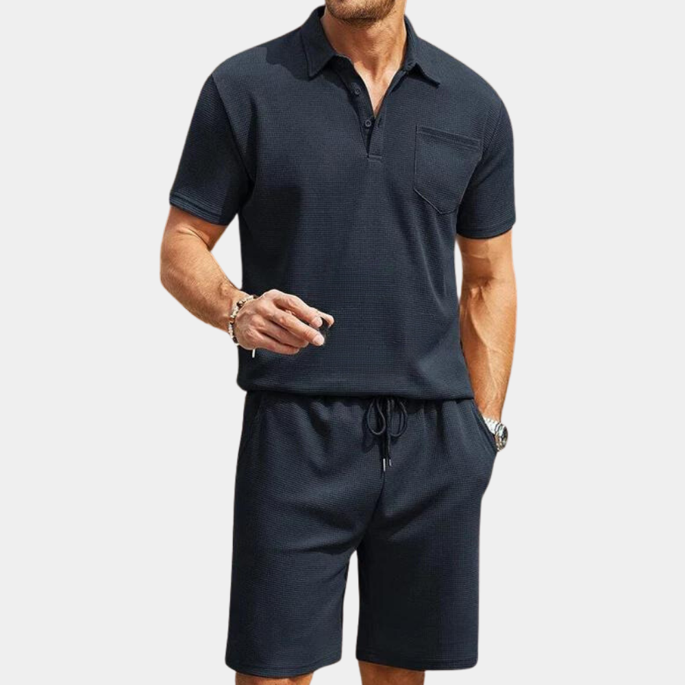 2-piece men's polo shirt and shorts set - lightweight summer attire, navy blue, casual