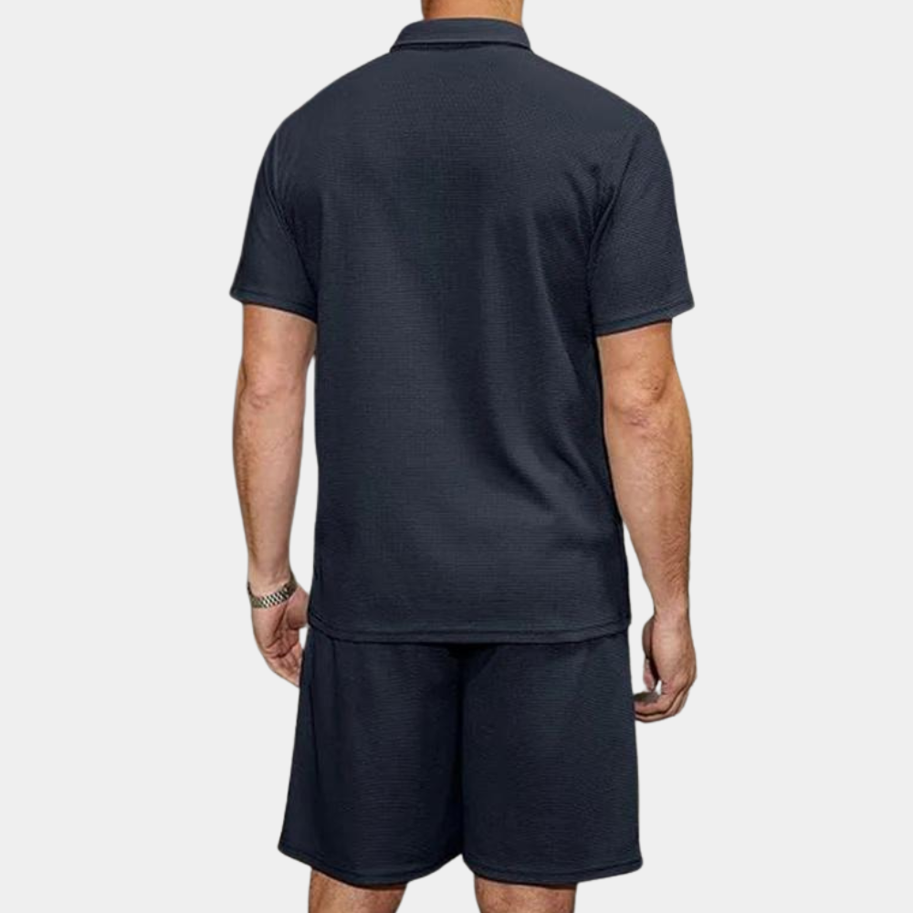 2-piece men's polo shirt and shorts set - lightweight summer attire, navy blue, casual