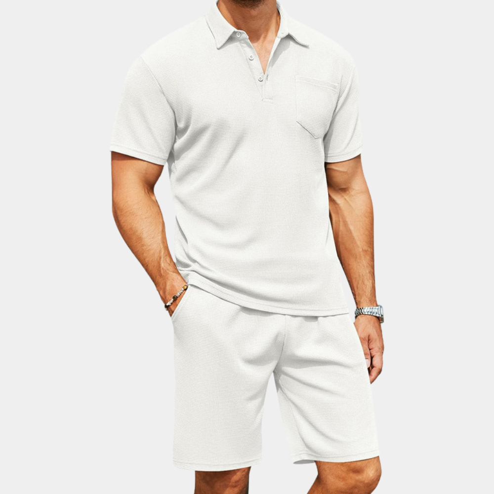 2-piece men's polo shirt and shorts set - lightweight summer attire, navy blue, casual