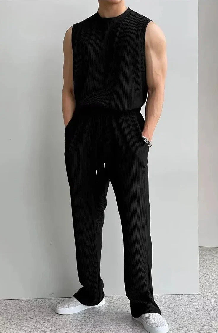 Men's sleeveless knitted top & trousers set - modern casual wear for everyday