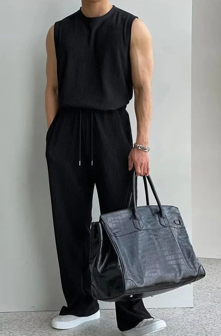 Men's sleeveless knitted top & trousers set - modern casual wear for everyday