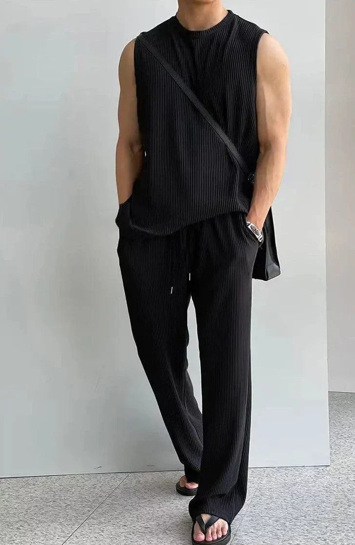 Men's sleeveless knitted top & trousers set - modern casual wear for everyday