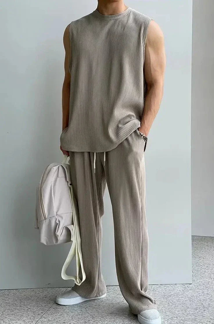 Men's sleeveless knitted top & trousers set - modern casual wear for everyday