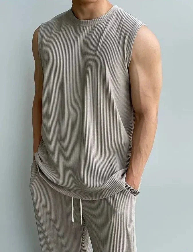Men's sleeveless knitted top & trousers set - modern casual wear for everyday