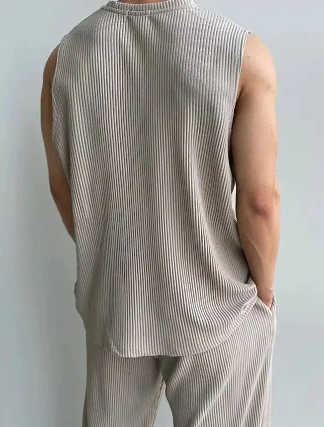 Men's sleeveless knitted top & trousers set - modern casual wear for everyday