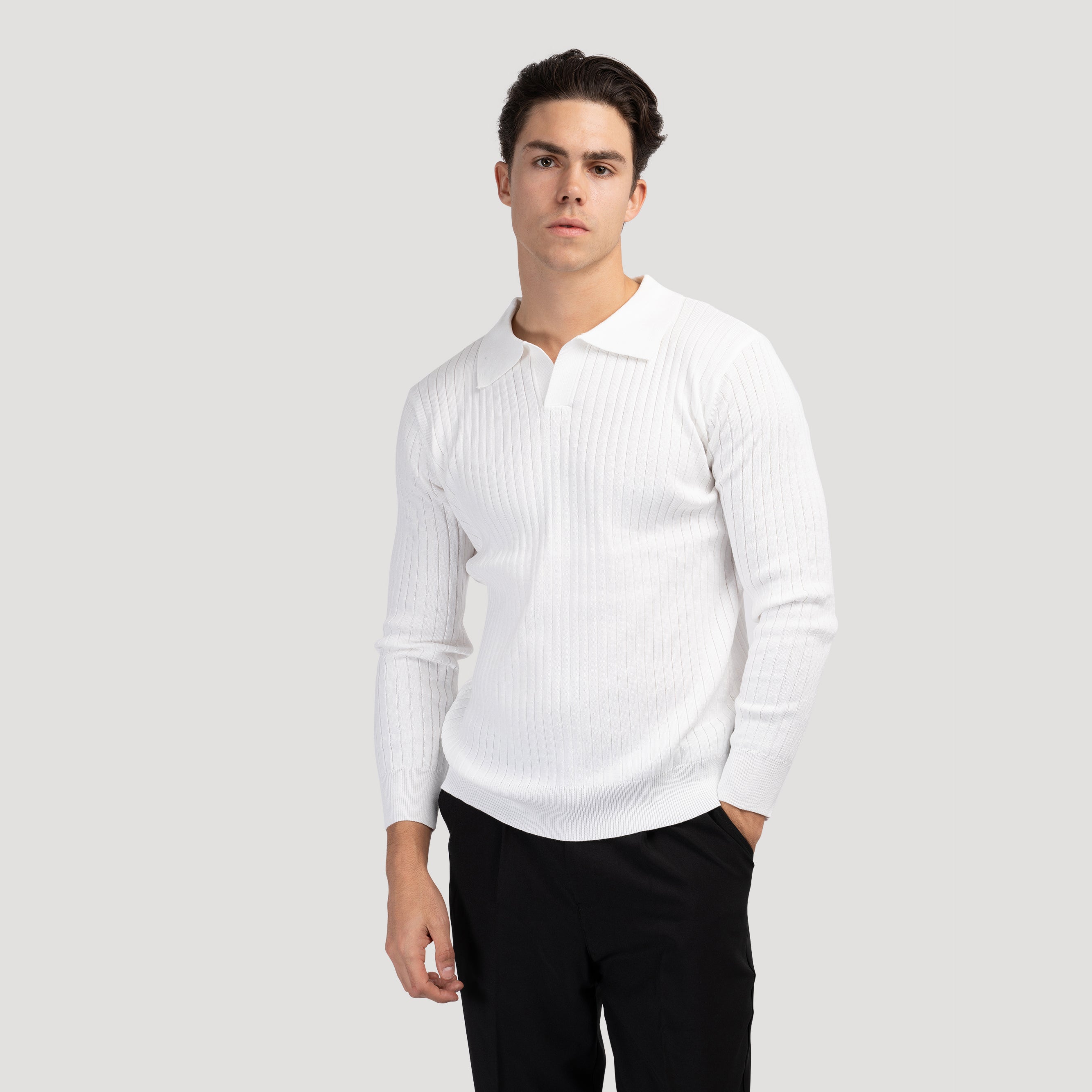 Men's ribbed knit polo shirt long sleeve - textured casual attire for smart-casual occasions