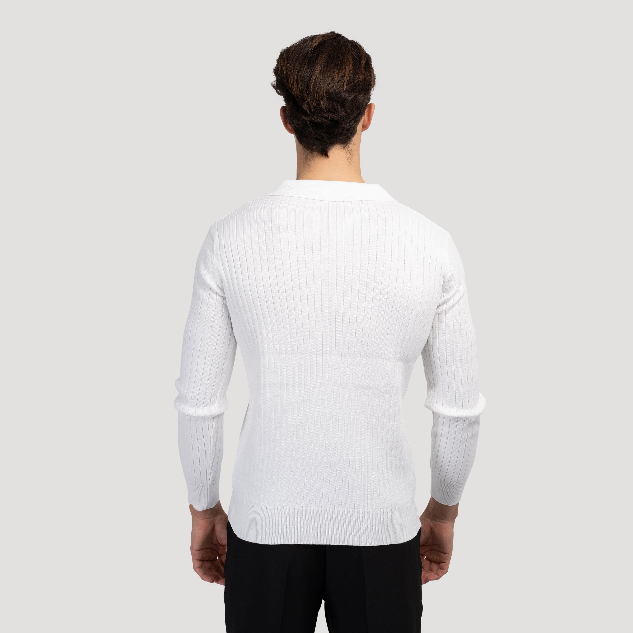 Men's ribbed knit polo shirt long sleeve - textured casual attire for smart-casual occasions
