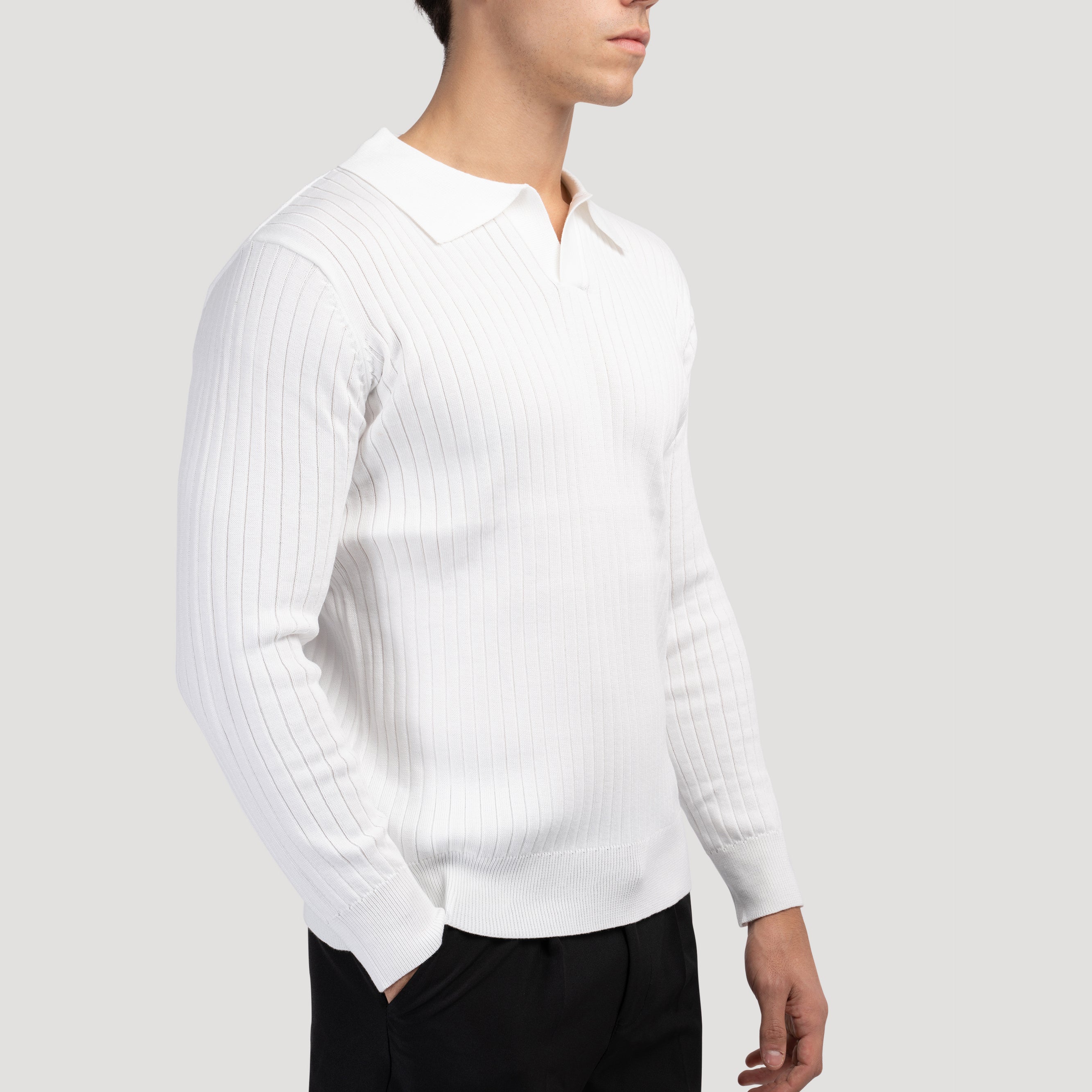 Men's ribbed knit polo shirt long sleeve - textured casual attire for smart-casual occasions