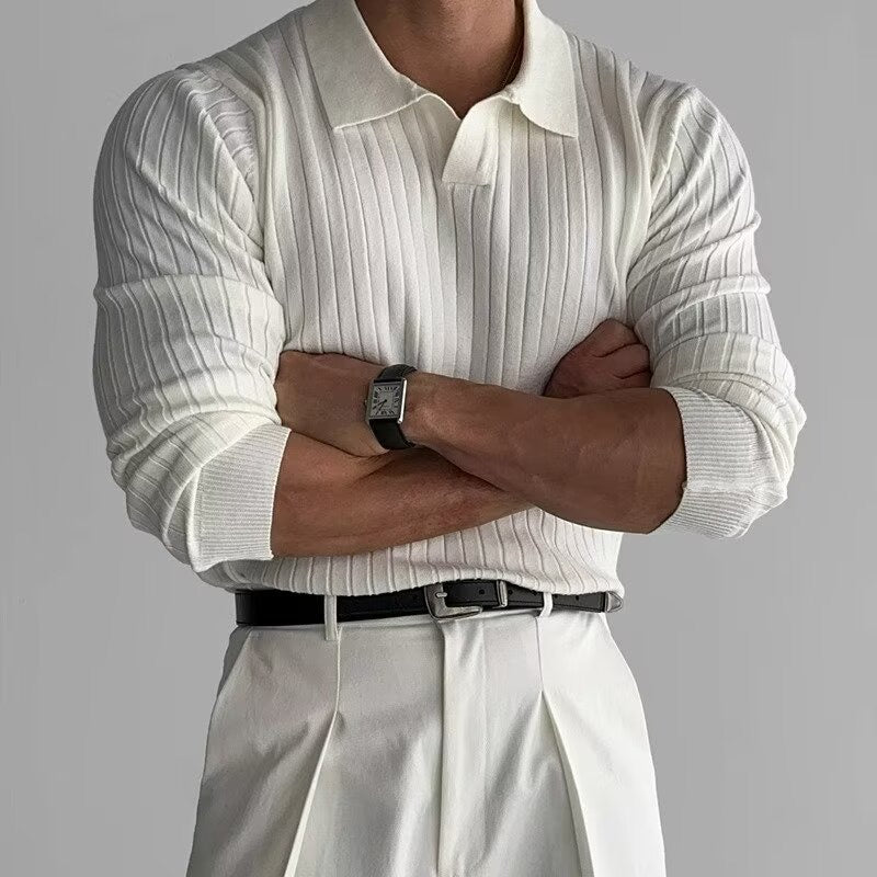 Men's ribbed knit polo shirt long sleeve - textured casual attire for smart-casual occasions