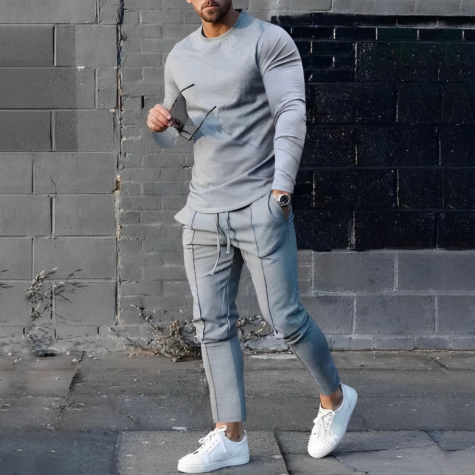 2-piece long sleeve top and trousers set - fashionable men’s loungewear