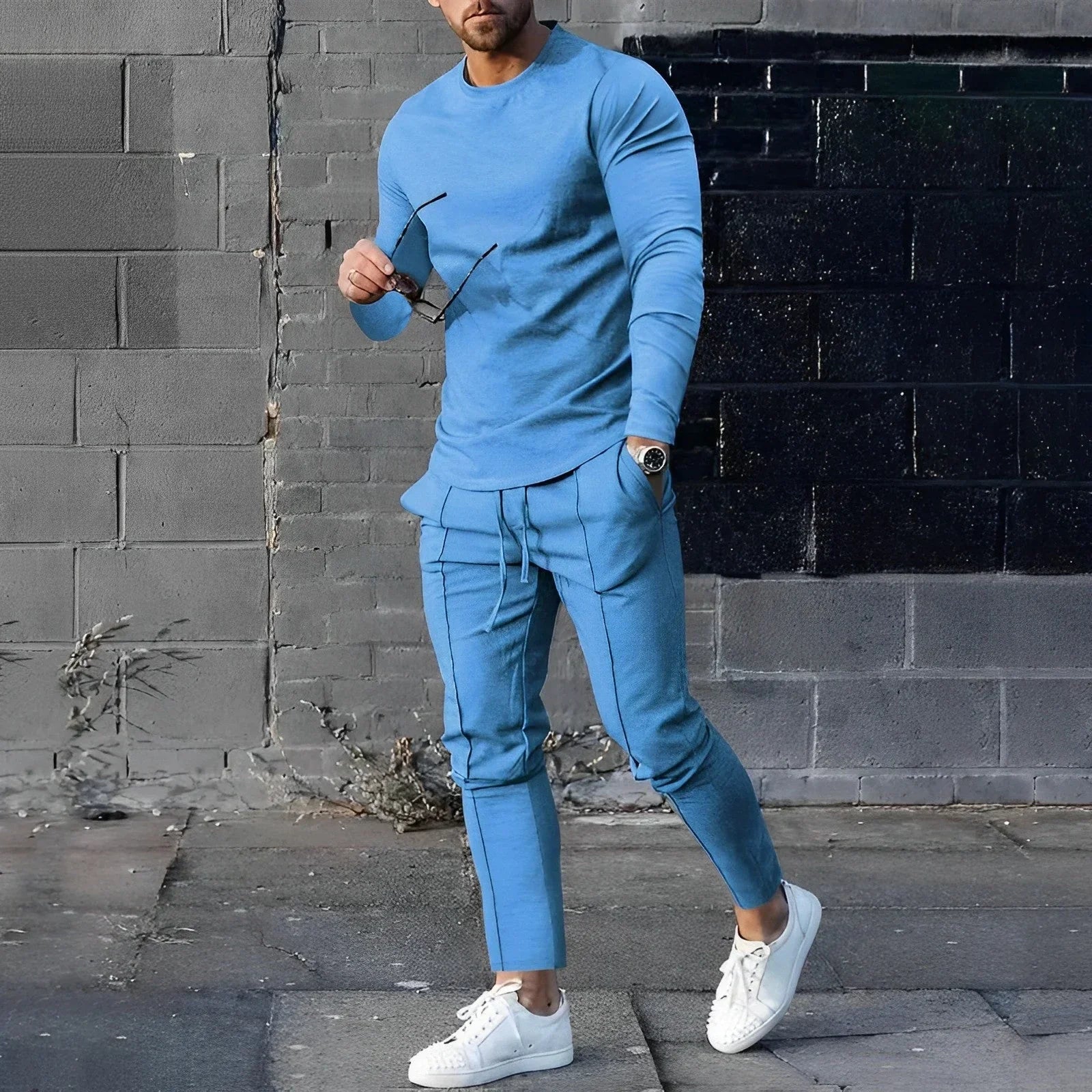 2-piece long sleeve top and trousers set - fashionable men’s loungewear