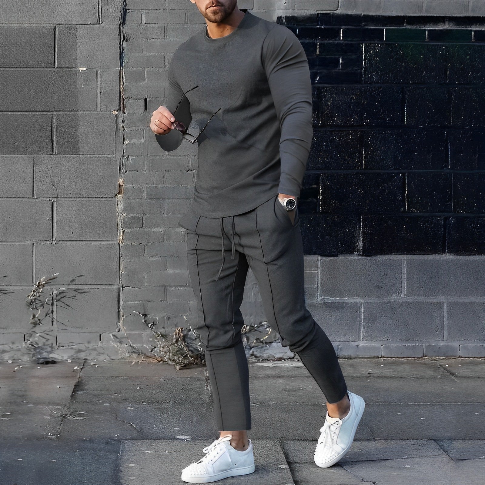 2-piece long sleeve top and trousers set - fashionable men’s loungewear