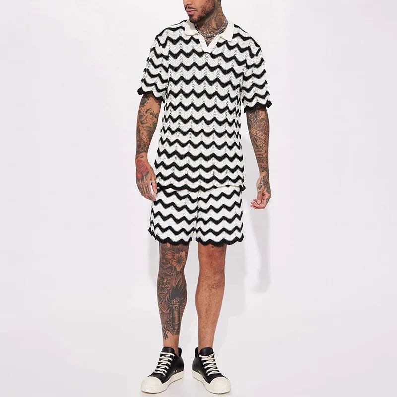 2-piece men's summer knitted set - stylish polo and shorts for casual outings